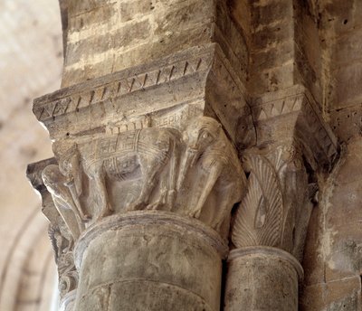 Elefantit (laivan veistetty pääkaupunki tekijältä Romanesque