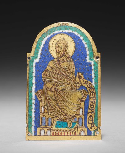 Plakki: Istuva profeetta pyhäkköpyhäköstä: Osea (Hosea), n. 1170-1180 (kullattu kupari, champlevé-emali) tekijältä Romanesque