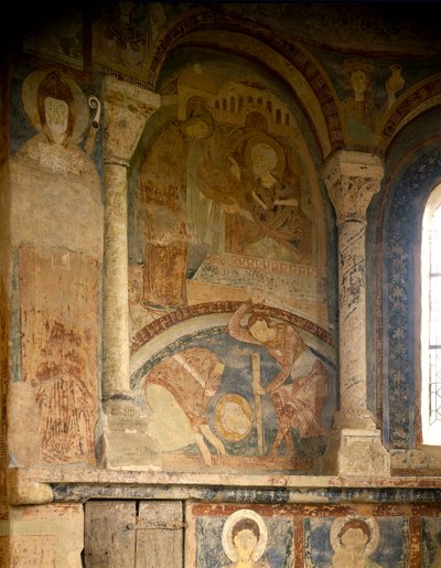 Romaaninen taide: maalaus, joka kuvaa Saint Laurentin marttyyria (1103-1130). Fresko. Chateau des Moinesin kappeli, Berze-la-Ville (Berze-la-Ville Saone ja Loire, Burgundy), Ranska. tekijältä Romanesque
