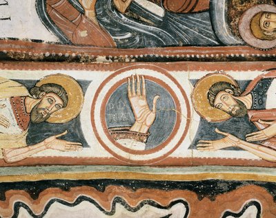 Romaaninen taide: "" Jumalan oikea käsi ja patriarkat Elia ja Henoch (tai Eenok). Yksityiskohta. Fresko Leonin koulusta (Espanja). 1132. Neitsyt del Caminin neitsyen pyhäkkö tekijältä Romanesque