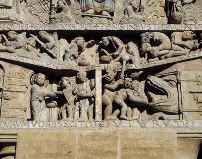 Näkymä viimeisen tuomion tympanuilta, helvetin yksityiskohta (veistos tekijältä Romanesque