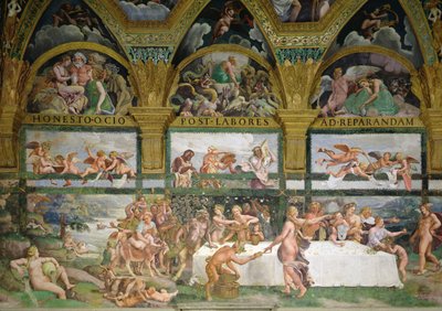 Cupidon ja Psychen kammio, valmistelut jumalten juhlaan Cupidon ja Psychen häitä varten tekijältä Romano Giulio
