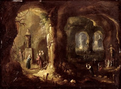 Grotto, jossa on patsaita ja lukuisia epäjumalia palvovia hahmoja (Pyhä Simeon Stylites), noin 1640 (öljy kuparille). tekijältä Rombout van Troyen