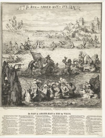 Sarjakuva hopealaivaston valtauksesta Vigossa, 1702 The Ban ja Arrier-Ban in the Sea (otsikko esineessä) Kielto ja tulokielto merellä Vigosissa (otsikko esineessä) tekijältä Romeyn de Hooghe (possibly)