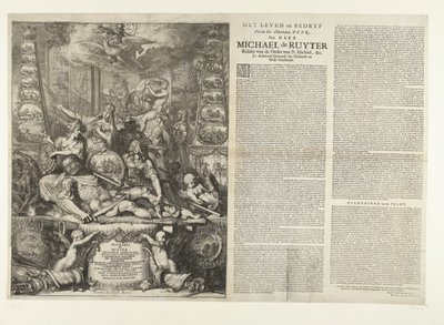 Allegoria Michiel de Ruyterin kuolemasta, 1676 Julkaisun elämä ja liiketoiminta: Manhaften Heer, Den Heer Michaël de Ruyter Pyhän Michielin ritarikunnan ritari, jne. Lt. Amiraali kenraali van Hollandt ja West-Vrieslandt (nimi esineessä) tekijältä Romeyn de Hooghe