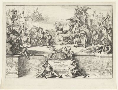 Allegoria Leopold I:n voitoista Divo et invictissimo Leopoldo I (otsikko esineessä) Leopold I:n saapuminen Brysseliin turkkilaisten voittamisen jälkeen, 1686 (sarjan nimi) tekijältä Romeyn de Hooghe