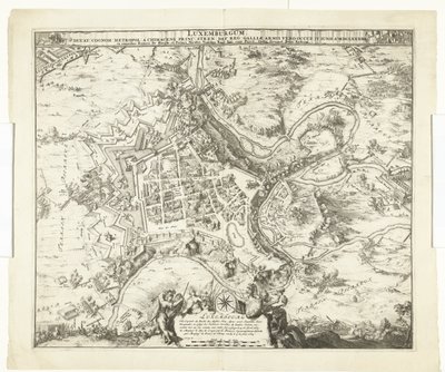 Luxemburgin oven pommitus de maarschalk de Créquy, 1684 Luxemburg, johtaja. sukunimi metropoli chimacens prinssi stren def. reg. Mutta Gallialaiset käsivarret valloittivat hänet. 4. kesäkuuta Ao. 8834 (otsikko esineessä) tekijältä Romeyn de Hooghe