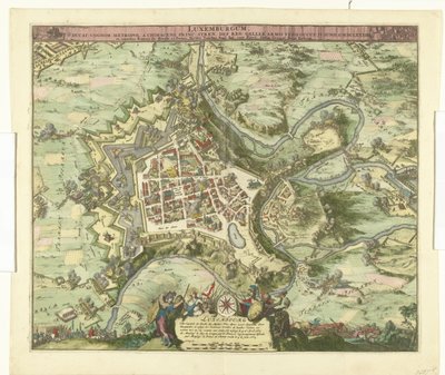 Luxemburgin oven pommitus de maarschalk de Créquy, 1684 Luxemburg, johtaja. sukunimi metropoli chimacens prinssi stren def. reg. Mutta Gallialaiset käsivarret valloittivat hänet. 4. kesäkuuta Ao. 8834 (otsikko esineessä) tekijältä Romeyn de Hooghe