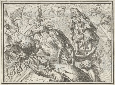 Karikatyyri, joka kuvaa Ludvig XIV:tä Apollona hänen vaunuissaan, 1701 tekijältä Romeyn de Hooghe