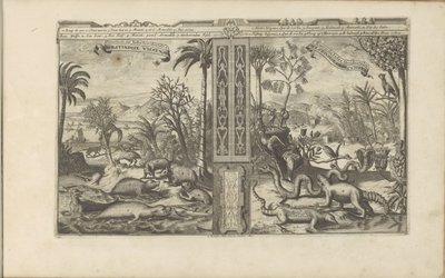 Dieren uit Länsi-Intia Westindische Vissen, etc / Kalat jne. Länsi-Intiassa // Westindische Gedrochten / Monsters of the West Indies (otsikko esineessä) Itä- ja Länsi-Intia ja muut paikat (sarjan nimi) tekijältä Romeyn de Hooghe