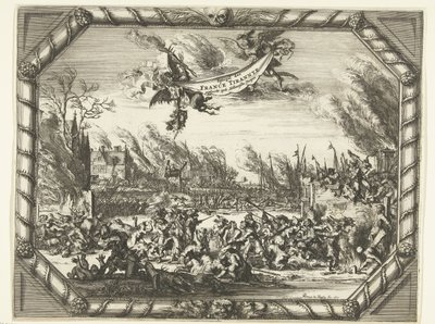 Ranskan julmuudet Bodegravenissa ja Zwammerdamissa, 1672 Spiegel der France Tirannye vetosi Hollantsche Dorpeniin (otsikko esineessä) tekijältä Romeyn de Hooghe
