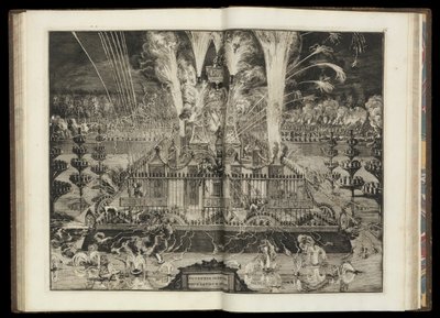 Suuri ilotulitusnäytös. Kappaleesta "Hänen brittiläisen majesteettinsa riemuvoittoinen paluu Hollantiin" (CBL AL 146, pl.67). tekijältä Romeyn de Hooghe