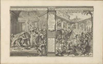 Persialaisen virkamiehen historia; Aikaa meksikolaisten kanssa Persian historia / Histoire de Perse // Veder Schilder Konst / Art de peindre chés les Mexiquains (otsikko esineessä) Les Indes Orientales et Occidentales et autres lieux (sarjan nimi) tekijältä Romeyn de Hooghe