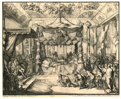 Kuningatar Mary II Stuart kuolinvuoteellaan, 1695 Englannin kuningattaren Maria II Stuartin kuolema ja hautaaminen, 1695 (sarjan nimi) tekijältä Romeyn de Hooghe