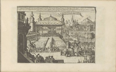Koninklijk hof Mongoliassa Mongols Hof en Hofpracht / Court and Royal Pump of the Great Mogul (otsikko esineessä) Itä- ja Länsi-Intia ja muut paikat (sarjan nimi) tekijältä Romeyn de Hooghe