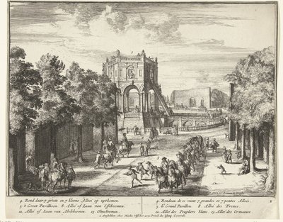 Avenue Enghienin puistossa, joka johtaa paviljonkiin Enghienin puisto (Enghien) (sarjan nimi) tekijältä Romeyn de Hooghe