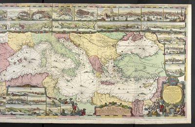 Välimeren kartta allegorisilla hahmoilla ja merihirviöillä koristamassa upeita, Charles Penen ja Pieter Mortierin teoksista "The French Neptune and Atlas Maritime and Suite du Neptune François" tekijältä Romeyn de Hooghe