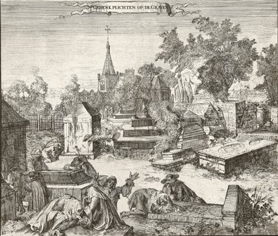 Suru Ouderkerkin Beth Haimin portugalilais-juutalaishautausmaalla Amstelissa Alankomaissa - Romeyn de Hooghen (1645-1708) kaiverrus tekijältä Romeyn de Hooghe