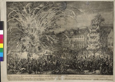 Yöllinen ilotulitus Sablonsin kadulla Brysselissä 1686 (etsaus) tekijältä Romeyn de Hooghe