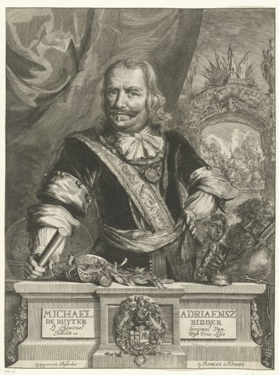 Michiel de Ruyterin muotokuva Michael Adriaensz de Ruyter Knight Lt Admirael kenraali Van Hollandt ja West Vrieslandt (nimi esineessä) tekijältä Romeyn de Hooghe