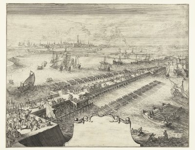 Parman laivasilta Scheldtin yli, 1585 Guerres de Flandres (sarjan nimi) tekijältä Romeyn de Hooghe