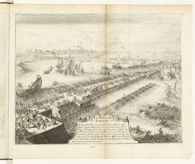 Parman laivasilta Scheldtin yli, 1585 Le Pont de Farnese (otsikko esineessä) Guerres de Flandres (sarjan nimi) tekijältä Romeyn de Hooghe