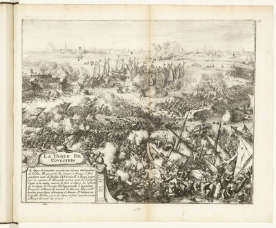Taistelu Kauwensteinin padon puolesta, 1585 La digue de Covestein (otsikko esineessä) Guerres de Flandres (sarjan nimi) tekijältä Romeyn de Hooghe