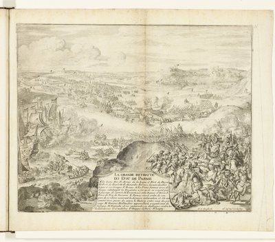 Parman herttuan armeijan vetäytyminen, 1592 La grande retreat du duc de Parme (otsikko esineessä) Guerres de Flandres (sarjan nimi) tekijältä Romeyn de Hooghe