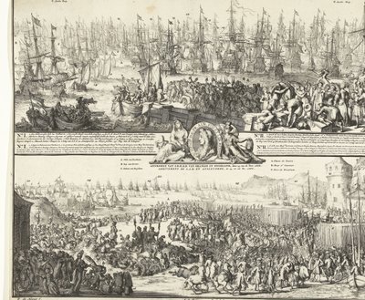 William III:n matka Englantiin, 1688 S.K.H.:n lähtö Englannin jälkeen, 11. marraskuuta 1688 / S.K.H.D.P.:n saapuminen Orangesta Englannissa, 15. ja 16. marraskuuta. 1688 (otsikko esineessä) Department of S.A.R. pour Angleterre, Le 11. No. 1688 / Arrival de tekijältä Romeyn de Hooghe