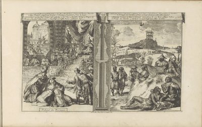 Tribunaal in Perzie; Khoikhoi Guineersissa Persialaisten tuomioistuin // Hottentots in Guineesche / Hottentots and Inhabitants of Guinea (otsikko esineessä) Itä- ja Länsi-Intia ja muut paikat (sarjan nimi) tekijältä Romeyn de Hooghe
