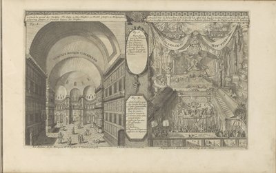 turkkilainen moskeija Konstantinopelissa; Keizerlijkhof Kiinassa Turksche pilkkaa van binnenia / S. Sofian moskeijan sisustus Konstantinopolissa // Chineese Hof Pomp / Emp:n tuomioistuimen loisto. Kiinasta. (otsikko esineessä) Itä-Intiat ja O tekijältä Romeyn de Hooghe