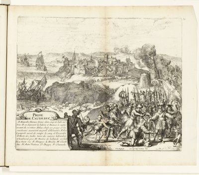 Verovering van Caudebec, 1592 Caudebecin vangitseminen (otsikko esineessä) Flanderin sodat (sarjan nimi) tekijältä Romeyn de Hooghe