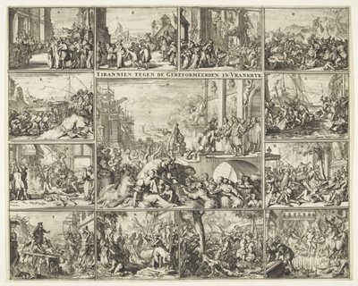 Protestanttien vaino Ranskassa Nantesin ediktin kumoamisen jälkeen 1685-1686 Tyrani reformoituja vastaan ​​Vrankrijkissa (otsikko esineessä) tekijältä Romeyn de Hooghe
