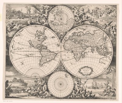 Maailmankartta, jossa on allegoria neljästä elementistä Nova totius terrarum orbis tabula (otsikko esineessä) tekijältä Romeyn de Hooghe