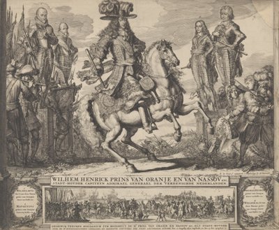 William III Orangen prinssinä, neljä edellistä Stadthouderia, William I, Maurice,..., n.d.. tekijältä Romeyn de Hooghe