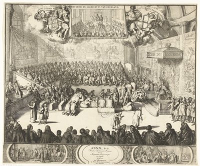 Zitting van het Lagerhuis ja koningin Anna op de troon, 1702 Anne, DG. Ison-Britannian kuningatar sekä Englannin suuret prinssit tunnustivat (otsikko esineessä) tekijältä Romeyn de Hooghe