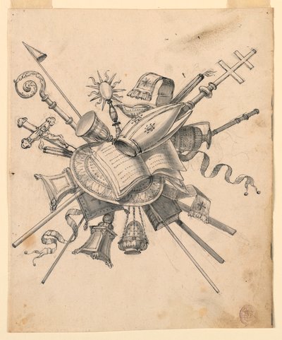 Piirustus, palkinto kirkollisten esineiden kanssa, 1830-1850 tekijältä Romolo Achille Liverani