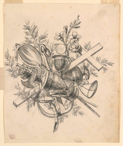 Piirustus, pokaali ja hyveiden symbolit, 1830-1850 tekijältä Romolo Achille Liverani