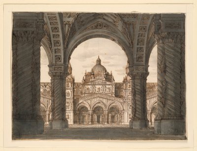 Lavastus, Kirkon julkisivu loggiasta, Felice Romanin Valdomiri, musiikki Pietro de Winter. Esitetty La Scalassa, Milanossa, 1818 tekijältä Romolo Achille Liverani