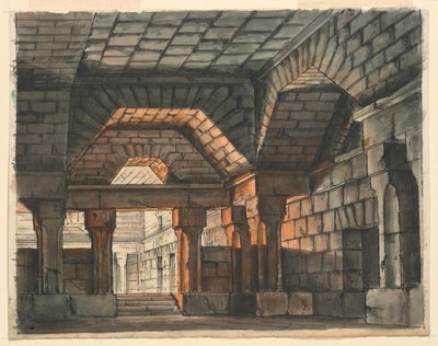 Lavastus, Linnoitettu linnan sisustus Gioachino Rossinin "Ciro in Babilonia", La Scala, Milano, 1818, "Underground Prison" tekijältä Romolo Achille Liverani