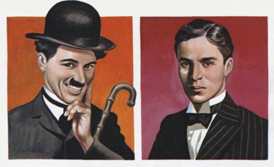 Charlie Chaplin puvussa ja sellaisena kuin hän todella oli (värilitografia). tekijältä Ron Embleton