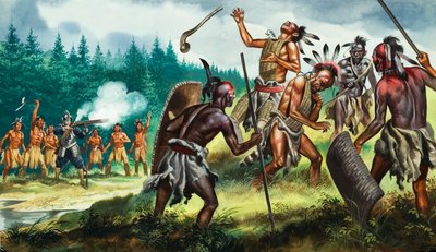 Englannin siirtokunnat taistelevat irokeesiliittoa vastaan, 20. vuosisata (guassi paperille). tekijältä Ron Embleton