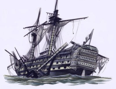 HMS Victory Trafalgarin taistelun jälkeen, keskimasto ammuttu pois (guassia paperille). tekijältä Ron Embleton