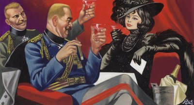 Mata Hari ystäviensä kanssa Saksan ylijohdon joukossa (guassi paperille). tekijältä Ron Embleton