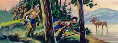 Amerikan intiaanit väijyvät hirveä (guassi paperille) tekijältä Ron Embleton