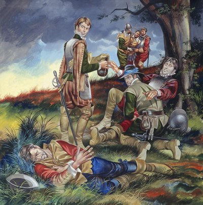 Sir Philip Sidney (1554-86) Zutphenin taistelussa (guassi paperille) tekijältä Ron Embleton