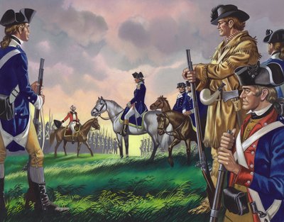 Kenraali Cornwallisin antautuminen amerikkalaiselle komentajalle Yorktownissa, Virginiassa 19. lokakuuta 1781 () (guassi paperille). tekijältä Ron Embleton