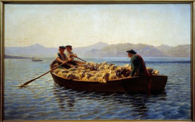 Laitumuksen vaihto. Paimenet nousivat lammaslaumaan viedäkseen ne toiselle rannalle. Rosa Bonheurin (1822-1899) maalaus tekijältä Rosa Bonheur