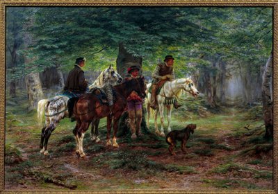 Ratsumiehet yllättyivät sateesta (1600-luku). Metsässä miehet hevossuojassa puun alla odottavat sateen loppumista. Rosa Bonheurin (1822-1899) maalaus tekijältä Rosa Bonheur