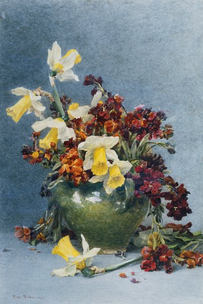 Narsissit ja seinäkukat vihreässä maljakossa, 1890 tekijältä Rose Maynard Barton